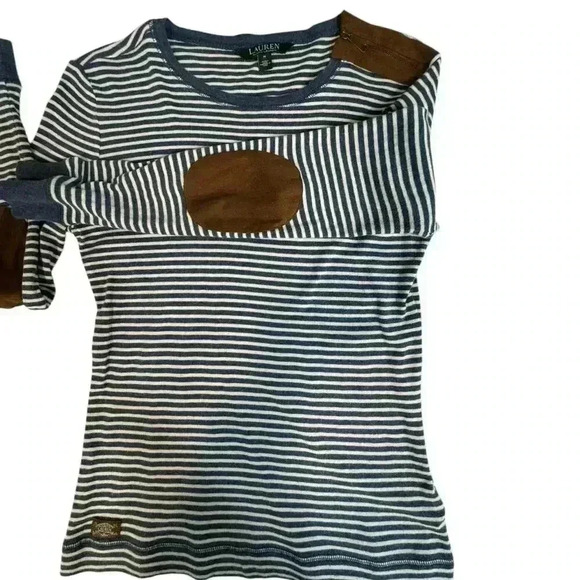 Lauren by Ralph Lauren Soft Cotton Blue/White Stripe Top with suede patch elbow - Picture 3 of 11